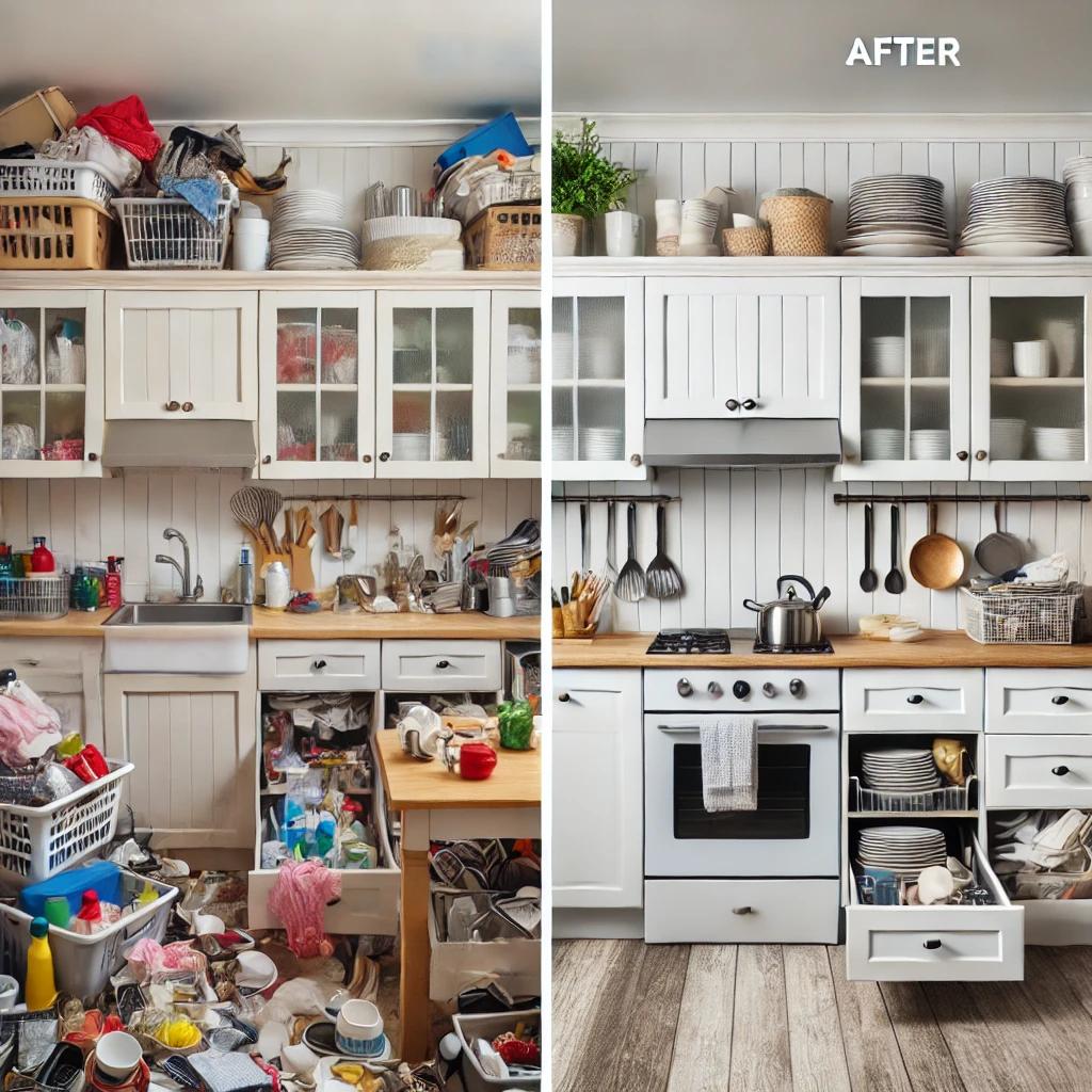  A before-and-after shot of a decluttered kitchen, showing the transformation from cluttered to organized.