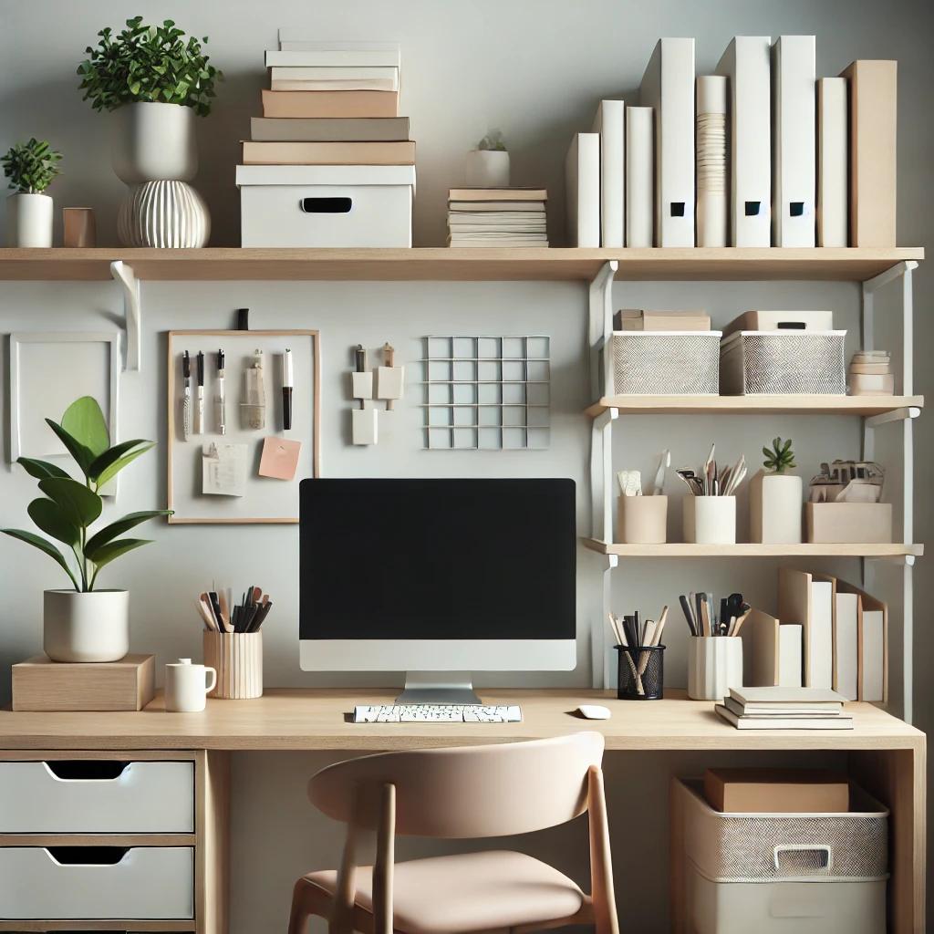 A clutter-free workspace with organized shelves and minimal items, illustrating the benefits of decluttering