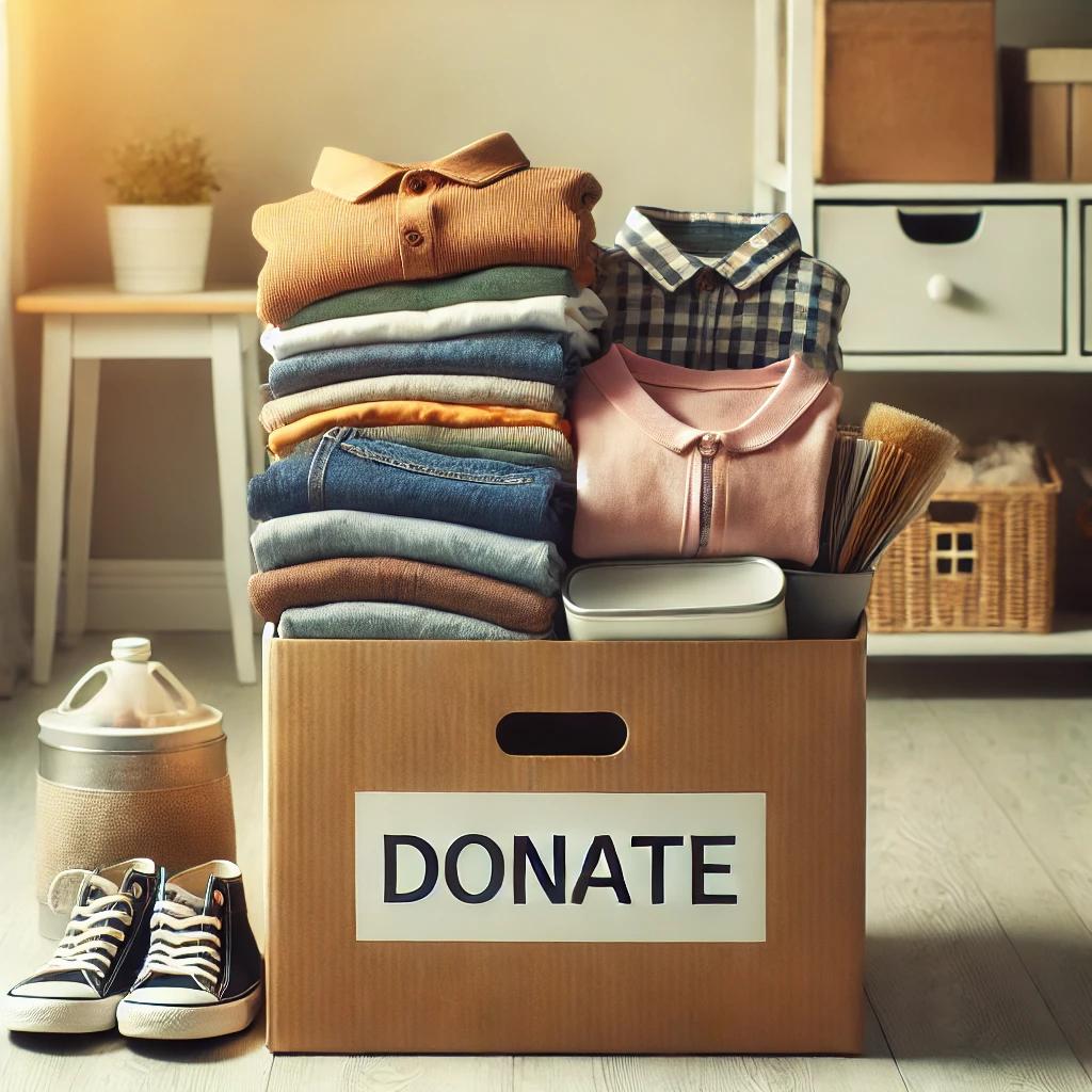 A donation box filled with clothes and household items ready to be given away.