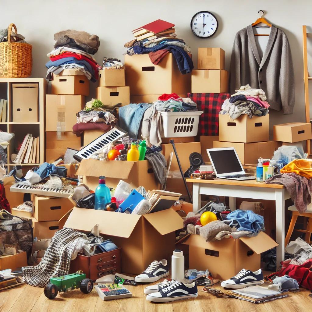 a cluttered and disorganized space, highlighting the need for decluttering.