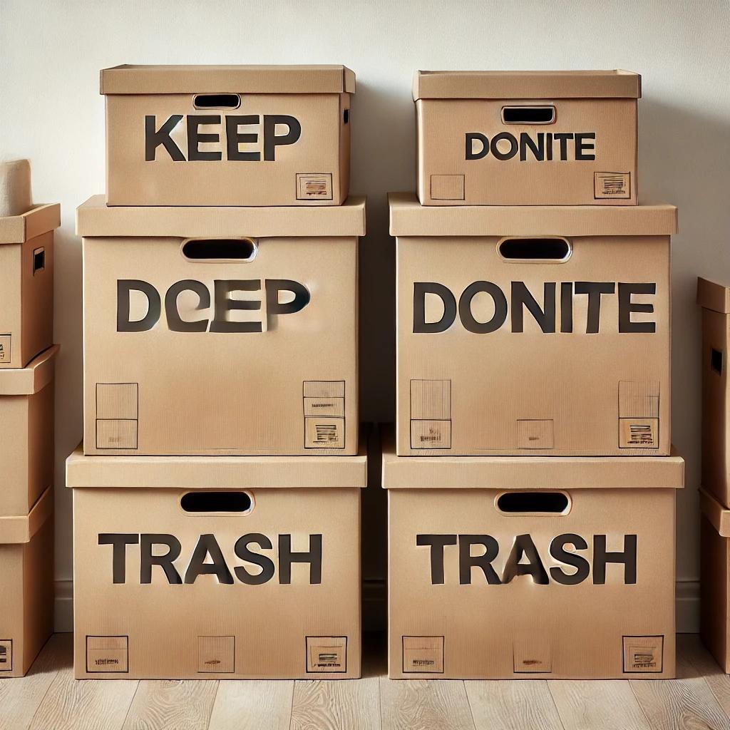 The image of four storage boxes labeled Keep, Donate, Trash, and Relocate