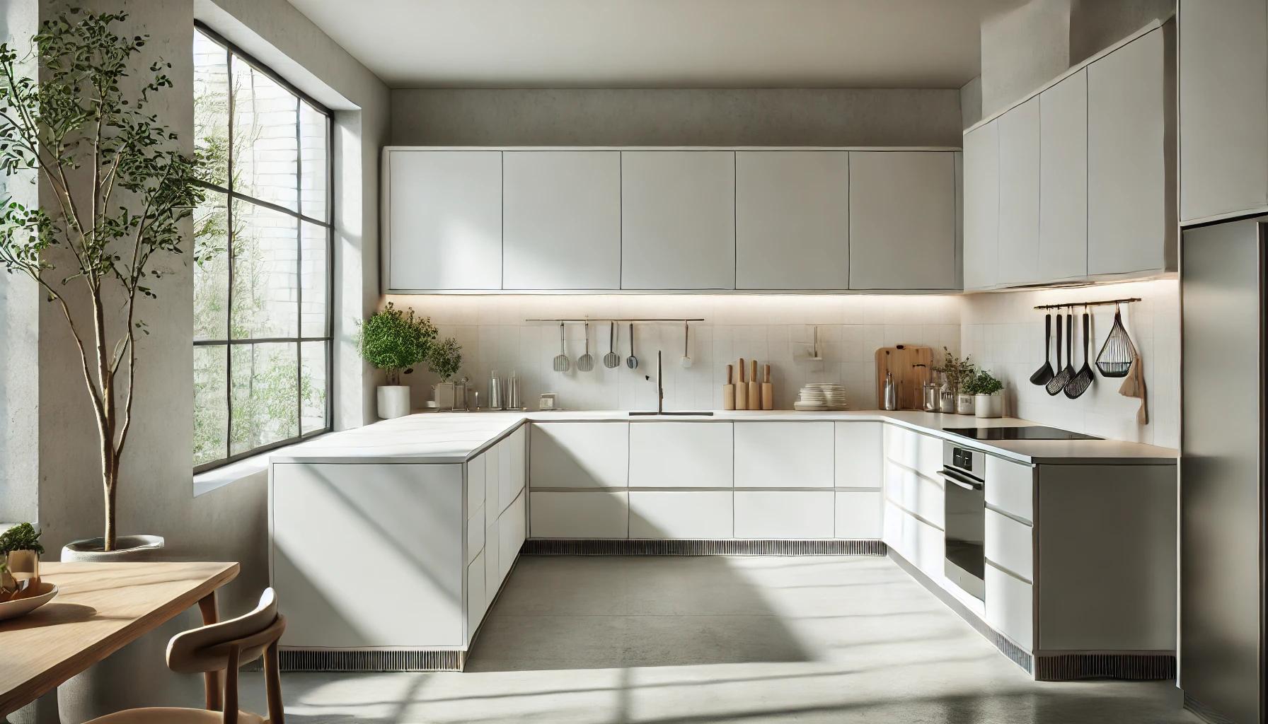 A modern minimalist kitchen with sleek white cabinetry, integrated appliances, and a clutter-free countertop.