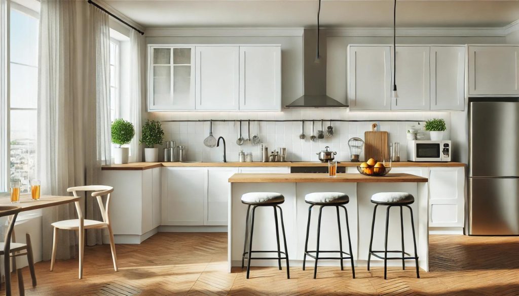 A minimalist kitchen interior featuring white cabinets, wooden countertops, modern bar stools, and stainless steel appliances. The space is clutter-free and well-organized, with large windows and natural light enhancing the clean, modern look. A touch of greenery adds warmth.