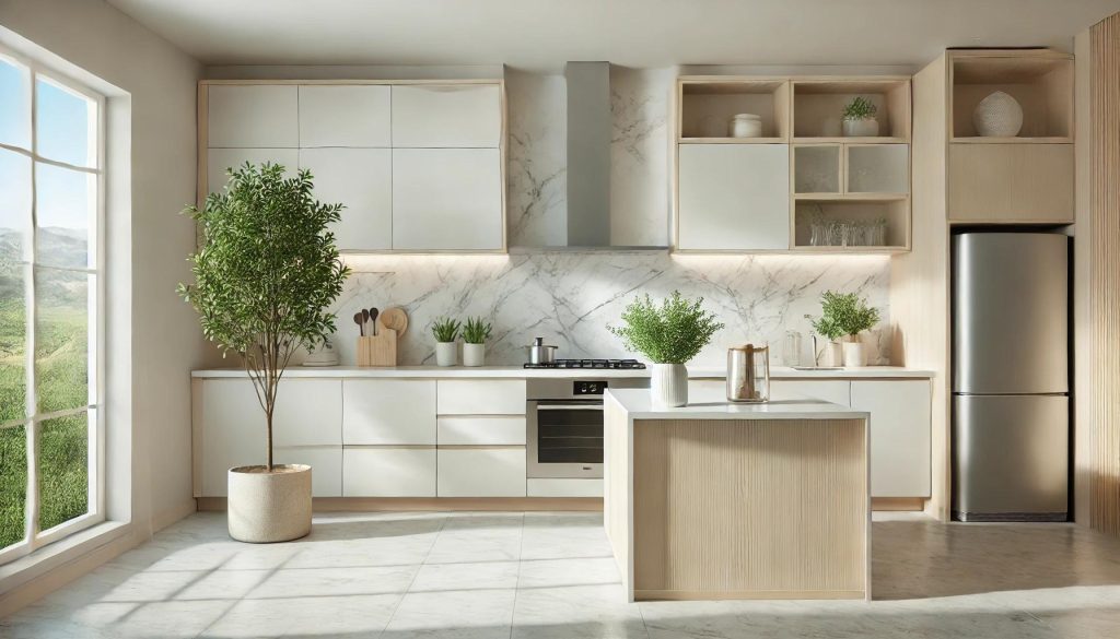 A minimalist kitchen interior with white and light wood cabinetry, integrated modern appliances, a marble countertop, and a small potted plant, featuring ample natural light