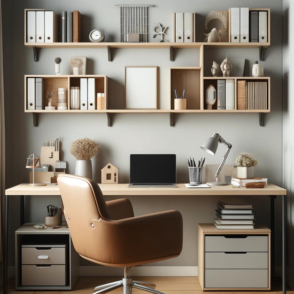 A workspace with neatly organized shelves