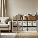 A tidy living room with labeled storage bins