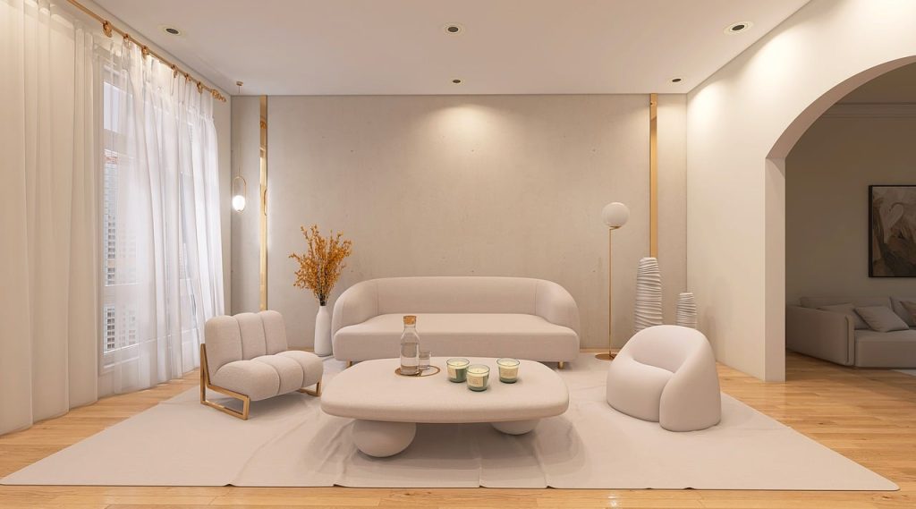 A tidy, minimalist living room with soft, natural lighting and simple furniture, inviting calmness.